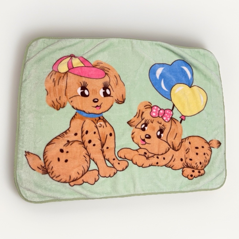 Vintage Mink Baby Blanket Puppy Mint Green‎ Plush 38X55 RARE